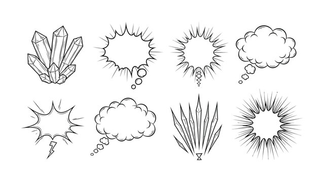 Comic Elements in Monochrome: A collection of various comic elements, including speech bubbles, thought clouds, and illustrative effects. The scene is presented in grayscale.