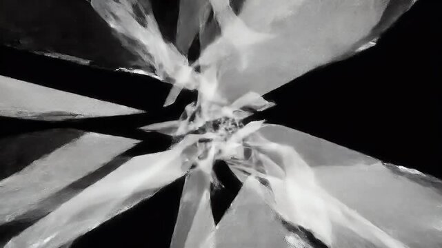 A close-up shot of shattered glass fragments on a dark background with sharp edges.