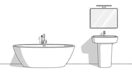 Modern Bathroom Interior with Bathtub, Sink, and Mirror in a Clean Line Art Style