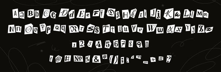 Grunge paper cut out collage font, anonymous letter style typography. Magazine clippings with letters and numbers, newspaper cutout alphabet for ransom note with hand drawn doodles vector illustration © Your Local Llamacorn