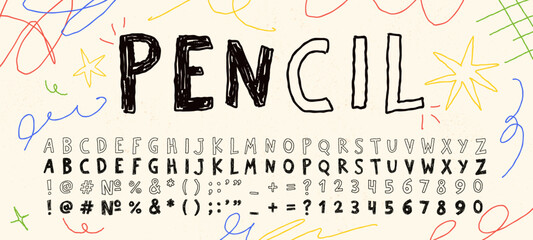 Hand drawn childish pencil font, playful alphabet kid scribbles with crayon texture. Grunge bold pen letters and numbers doodles, cute vector scrawled abc font for school and kindergarten © Your Local Llamacorn