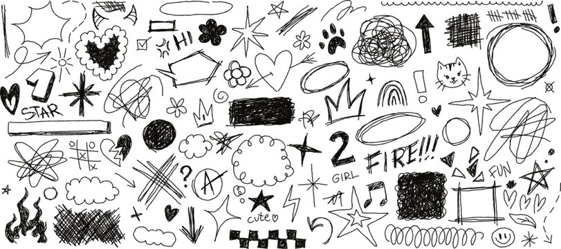 Hand drawn pencil doodles and scribbles, rough sketch swirls, messy frames and arrows. Black pen grunge lines, stars and squiggles, cute childish sketches, abstract marker doodle drawings vector set