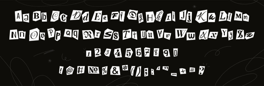 Grunge paper cut out collage font, anonymous letter style typography. Magazine clippings with letters and numbers, newspaper cutout alphabet for ransom note with hand drawn doodles vector illustration