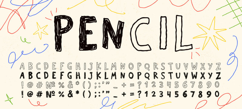Hand drawn childish pencil font, playful alphabet kid scribbles with crayon texture. Grunge bold pen letters and numbers doodles, cute vector scrawled abc font for school and kindergarten