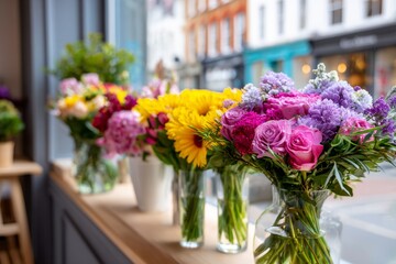 Fototapeta premium Fresh Flowers Arranged in Vases at a Small Florist Shop Near a Window in a Local Business Area During the Day