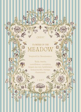 Flowers of the Meadow. Floral crest. Vector vintage illustration. Inspired by the Renaissance. Blue and gold 
