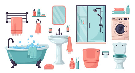Bathroom Essentials and Fixtures Illustration Featuring Bathtub, Sink, Toilet, Towels, and Accessories