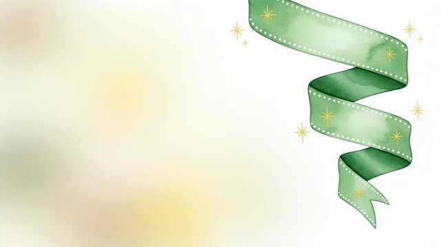 Green watercolor ribbon banner with gold stars. Festive graphic resource for St. Patricks day greeting card. Holiday celebration element.