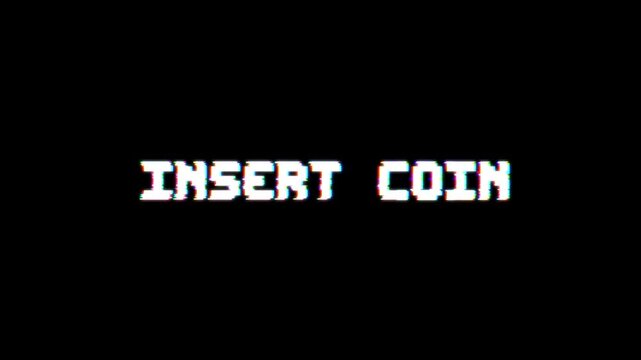Retro Pixel &ldquo;Insert Coin&rdquo; Text with Neon Glitch Arcade Effect