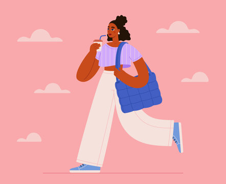 Young beautiful girl with coffee walking on the street. Vector illustration.