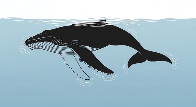 Black whale swimming in ocean water.