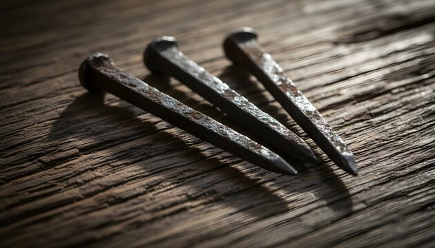 Close up of rustic iron nails arranged on an old wooden surface, symbolizing the sacrifice and deep spiritual meaning for the Good Friday concept.