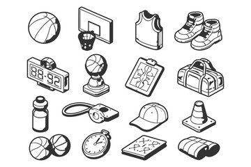 Fototapeta premium Isometric sports equipment icons: basketball, backpack, stopwatch, cleats, jersey.
