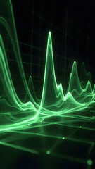 Naklejka premium Abstract futuristic sound wave or frequency, vibrant green light pulse on dark background with grid lines, digital data flow visualization