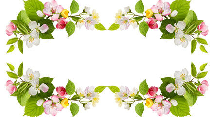 Obraz premium Beautiful floral border frame made of apple blossoms, featuring delicate white and pink flowers, green leaves, and dew drops against a white background.