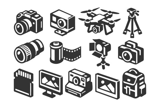 Photography equipment icons: camera, drone, tripod, lens, film, flash, backpack.