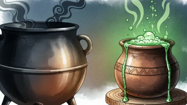 Animated sequence of a black cauldron emitting smoke and a brown pot with bubbling green liquid symbolizing magic for saint patrick day.