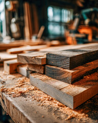 Close up of weathered reclaimed wood planks stacked on rustic wooden table surface