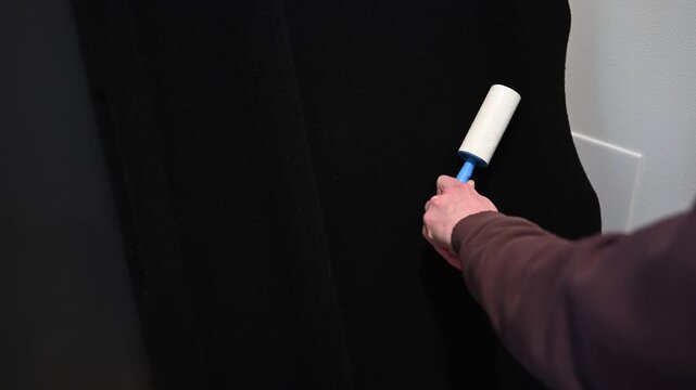 Removing dust and pet hair from carpet with lint roller at home