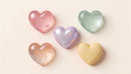 Fototapeta premium Assortment of five pastel heart-shaped objects arranged on a soft cream background