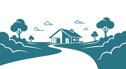 Naklejka premium Simple House Illustration with Trees and Road.