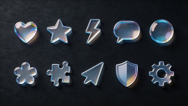 Collection of iridescent glass icons representing common symbols on a dark textured background