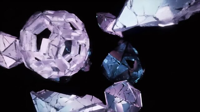 Shattered crystal objects float in mid-air against a dark background
