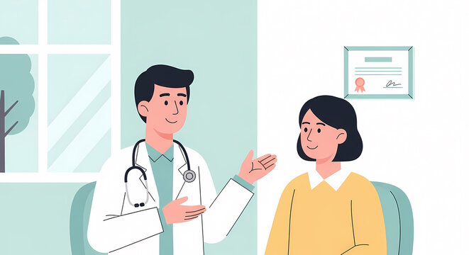 病院の診察室で対話する医師と患者のイラスト（医療・受診・健康診断・カウンセリング）