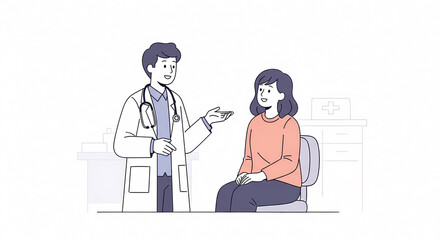 病院の診察室で対話する医師と患者のイラスト（医療・受診・健康診断・カウンセリング）