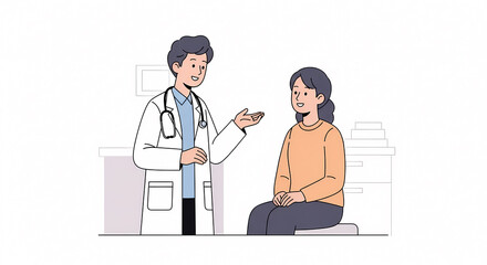病院の診察室で対話する医師と患者のイラスト（医療・受診・健康診断・カウンセリング）