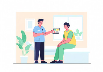 病院の診察室で対話する医師と患者のイラスト（医療・受診・健康診断・カウンセリング）