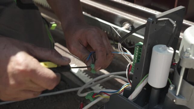 Close-up of a professional technician connecting electrical wires to the control board of an automatic sliding gate motor