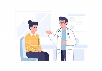 病院の診察室で対話する医師と患者のイラスト（医療・受診・健康診断・カウンセリング）