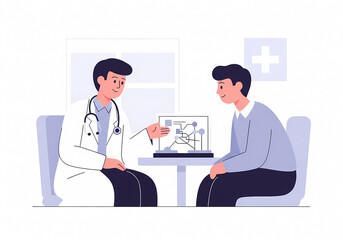 病院の診察室で対話する医師と患者のイラスト（医療・受診・健康診断・カウンセリング）