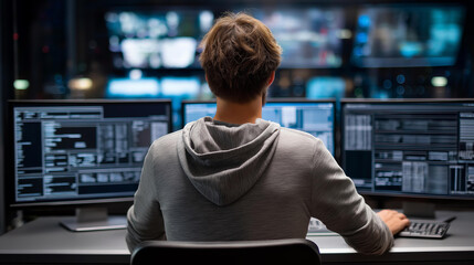 Fototapeta premium Rear view of faceless professional IT technical support, cybersecurity specialist, programmer, hacker works at computers with digital screens, surveillance maps, defocused background, with