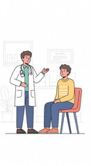 病院の診察室で対話する医師と患者のイラスト（医療・受診・健康診断・カウンセリング）