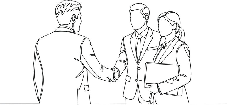 Professional business people shaking hands after successful meeting in minimalist continuous line art style corporate partnership vector.