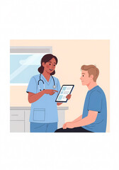 病院の診察室で対話する医師と患者のイラスト（医療・受診・健康診断・カウンセリング）