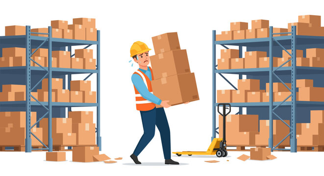 A perspiring warehouse worker in a yellow hard hat and safety vest struggles to carry a heavy, towering stack of cardboard boxes between tall storage racks, completely ignoring the nearby pallet jack