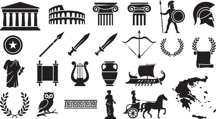Ancient Greece civilization icons with parthenon temple columns spartan warriors and olympic laurel wreaths
