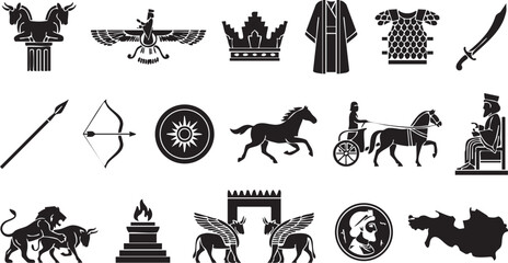 Fototapeta premium Persian empire symbols including winged lion crown architecture and ancient warfare