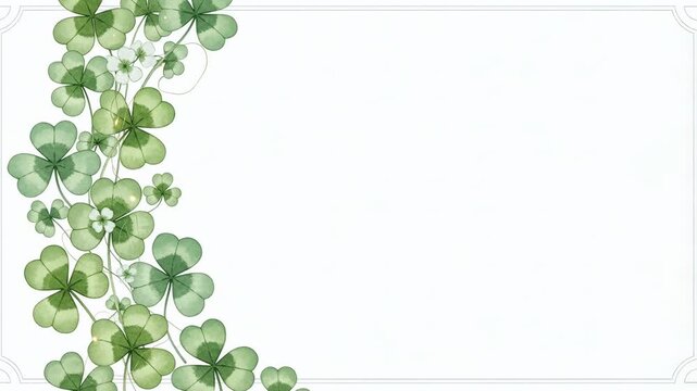 Watercolor shamrock vine animation. Green clover border design with twinkling lights. St Patricks Day graphic resource template.