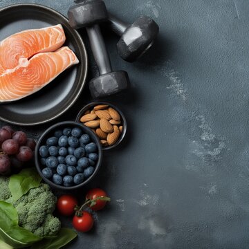 Healthy food and fitness concept with salmon, berries, nuts, and dumbbells, symbolizing nutrition for strength and active lifestyle.