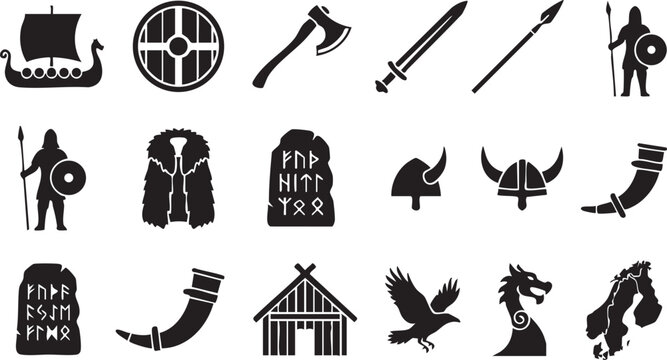 Viking age norse mythology icons including longship drakkar runes helmets and scandinavian cultural elements