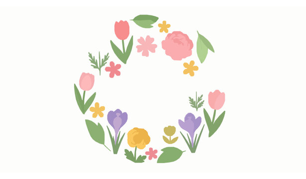 Colorful spring flowers flat vector collection arranged in playful wreath composition isolated on white background