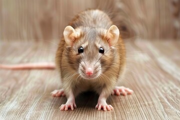 Cute brown pet rat portrait on wooden floor