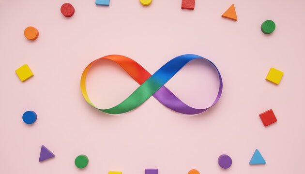 autism, neurodiversity, infinity symbol, rainbow ribbon, awareness, inclusion, diversity. Flat lay of a colorful spectrum sign with wooden toy blocks on a soft pink background for support.
