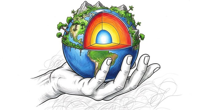 Hands cradling a cross-section view of the earth with its layers exposed.