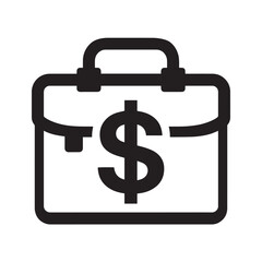 Professional minimalist black and white line art briefcase icon featuring a prominent dollar sign symbol for business finance and corporate wealth.