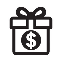 Minimalist flat icon of a wrapped gift box featuring a dollar sign, symbolizing cash bonuses, monetary rewards, financial presents, and donations.